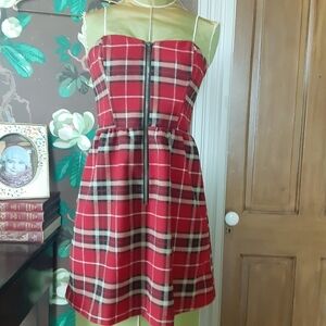 Charlotte Russe Red Plaid Strapless Dress – Front Zip – Smocked Back – Size S